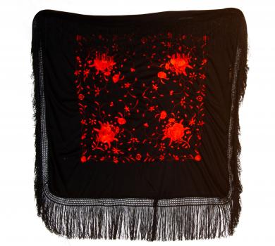 Black silk shawl with red handmade embroideries