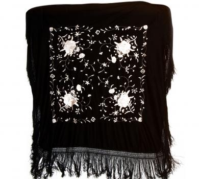 Black silk shawl with handmade embroideries